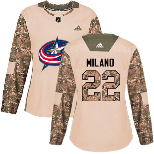 Adidas Blue Jackets #22 Sonny Milano Camo Authentic Veterans Day Women's Stitched NHL Jersey